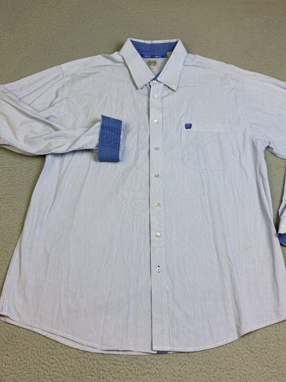 Cinch Shirt Mens Medium Blue Striped Long Sleeve Button Down Flip Cuff Collar